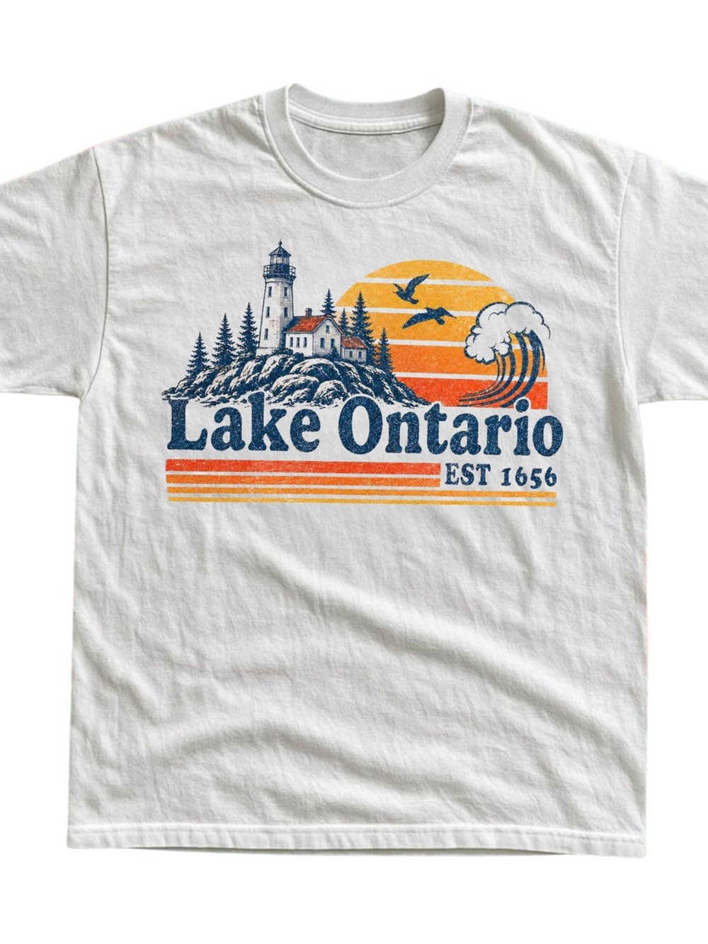 Gildan White Lake Ontario Graphic Tee with Blue and Orange Print